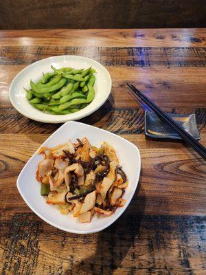 The Edamame were good and the Squid Salad was excellent, great appetizers enough to share.