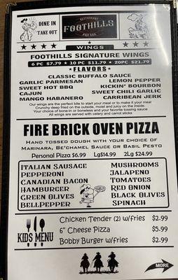 Menu - pizza oven isn't in yet but should be after tomorrow when they install a new AC unit