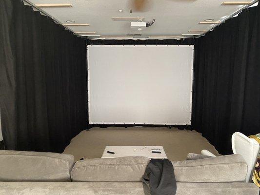 Almost finished curtain surround. Need to paint and trim the wood supports still.