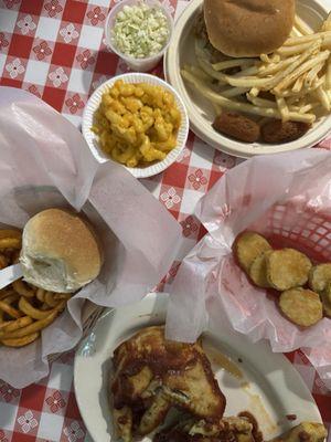 Half BBQ Chicken with Curley Fries (8/10), Fried Pickles (8/10) & Bar-B-Q Special Sandwich with Mac & Cheese (9/10)