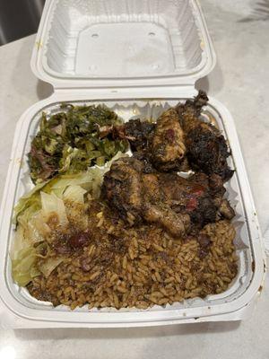 Jerk chicken, Rice, Cabbage, Collard Greens