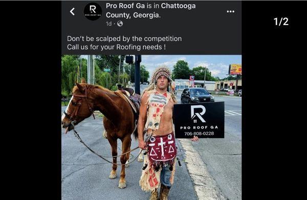Pro Roof GA being racist towards Indigenous people in their advertising