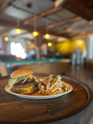 Going the distance..customer ordered a smash burger, add 2 extra patties, add bacon and GB Fries