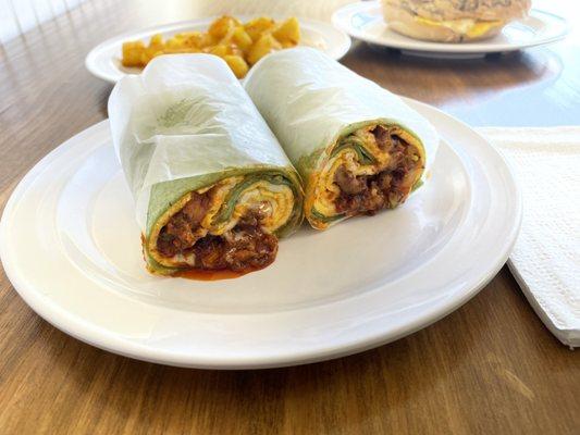 L & M wrap with spicy chorizo in a spinach wrap