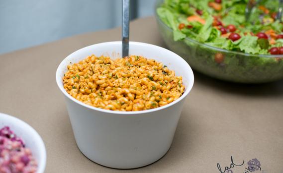 Roasted red pepper macaroni salad, lush green salad