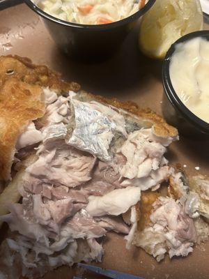 Cod dinner - whole piece of soggy skin and scales inside my fried fish