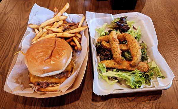 Cheeseburger with Fries & Fried Dill Pickles