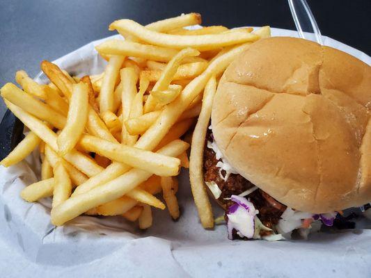 Sloppy slaw burger with fries