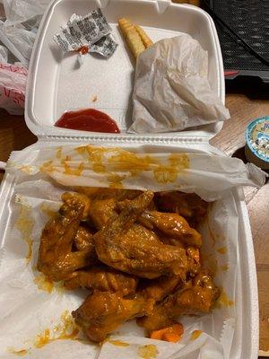 10 piece honey hot wings lg fries med drink