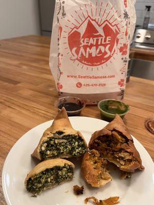 Spinach Paneer and Butter Chicken Samosas - take out