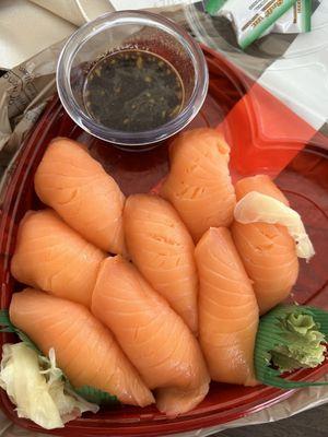 Salmon nigiri with a sauce I made to go with it. Yum.