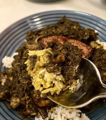 Waakye, rice and black-eyed peas, beef stew and that lovely sauce