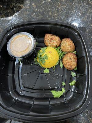 Crab Cakes. No Crab Bites. Smaller than the lemon wedge.