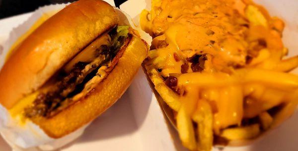 Cheeseburger with animal style fries. Yum!!