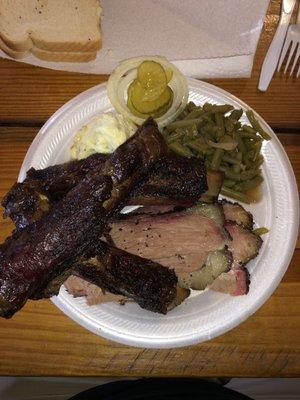 Burnt beef ribs, brisket, more brisket, green beans, and potato salad.