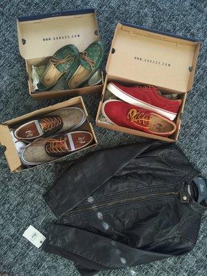 Green leather shoes for $16(!!!), red suede sneakers for $45 (from $110), brown canvas sneakers for $20 and faux leather jacket for $50!