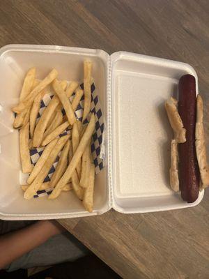 Soggy fries and burnt hotdog