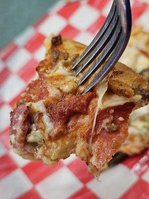 A fork with a piece of pizza.