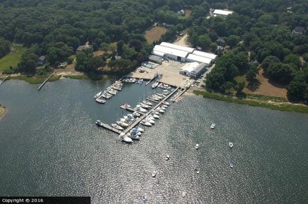Aerial view of Coecles Harbor Marina and Boatyard