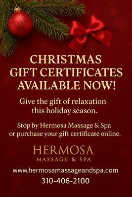 Give the gift of relaxation!
Buy Gift Certificates online or in-store at Hermosa Massage & Spa.
310-406-2100 | www.hermosamassageandspa.com