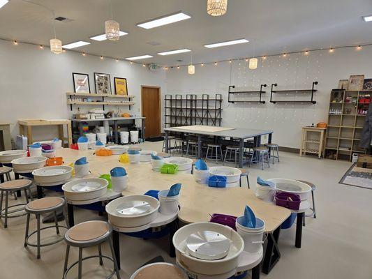 Wheel, handbuilding, and glazing stations