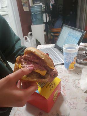 Bro raw chicken and raw burger patty. Unacceptable. Hopefully no one gets sick.