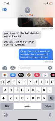 This is my dogs vet that I texted out of concern for his wound. Never again