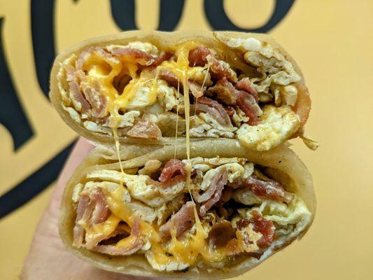 Bacon and eggs breakfast burrito no fries