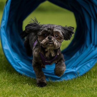 Birdie in the agility tunnel.