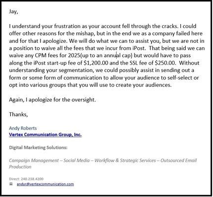 Email reply from Vertex Communications