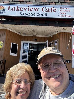 Front door of Lakeside Cafe with Me and my Lovely Wife.