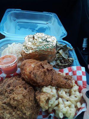 17$ 2 piece chicken meal 2 large pieces chicken mac cheese cabbage collared greens w ham/bacon cornbread mashed potatoes