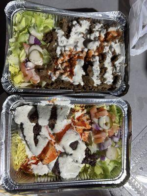 top: gyro over rice bottom: beef kabob over rice