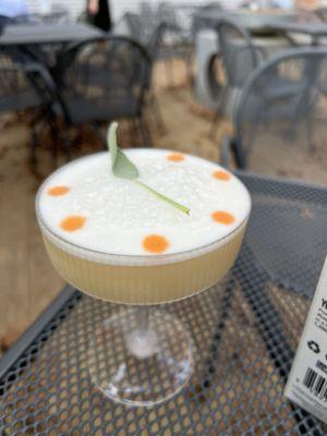 Another pretty drink! A mezcal, tequila, orange, egg white concoction.
