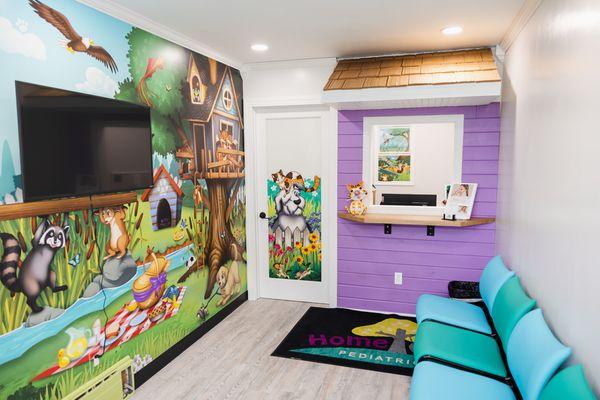 Our waiting room, with "I Spy" mural.