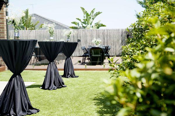 30" round cocktail tables black linens. These tables are 42" tall. People also refer to these tables as "high top tables".