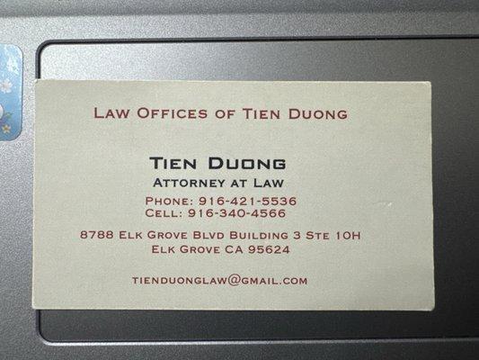 Tien Duong's new business card with updated address