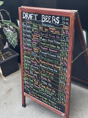 Draft beer list outside late June 2023