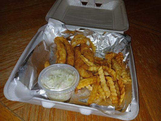 4 small chunks of fish
cole slaw
crinkle cut fries
$16