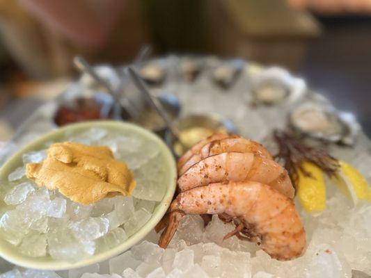 On ice dinner for two menu - sea urchin, oysters and peel and eat shrimp