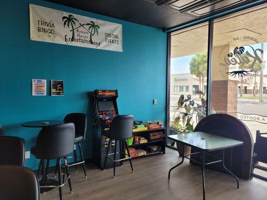 A bunch of board games that people can play.