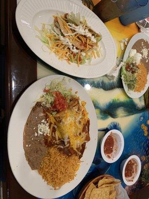 Beef hard tacos & beef enchiladas rice & beans