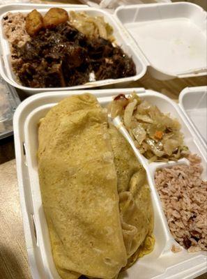 Front: curry chicken inside roti Back: oxtail