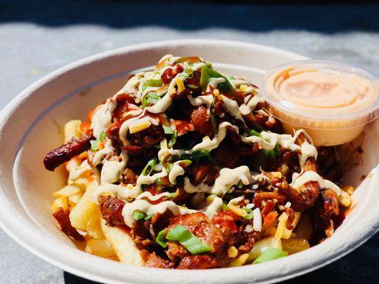 Jerk Pulled Chicken Fries with Jerk Alert Secret Sauce