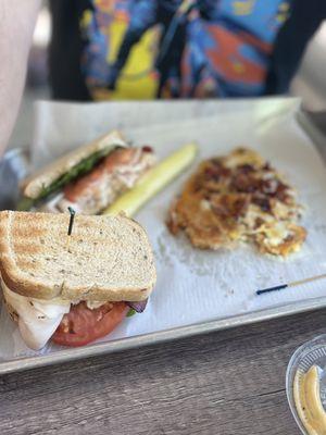 Turkey BLT and flattened tots.