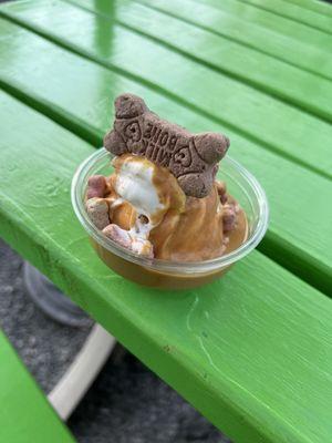 Pup cup: Vanilla ice cream with peanut butter sauce and milk bone sprinkles.