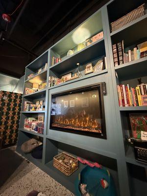 Fireplace screen with books and games