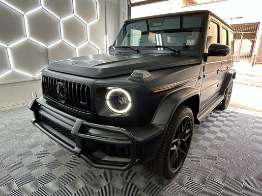 Matte paint protection film PPF and ceramic window tint installation on Mercedes G63 in Los Angeles.
