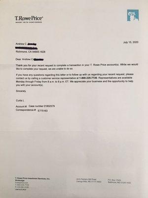 Letter from T. Rowe Price Brokerage.