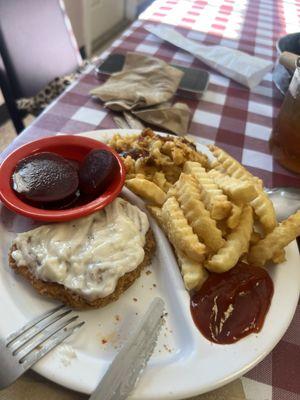 Country fried steak with three sides, plus drink and dessert